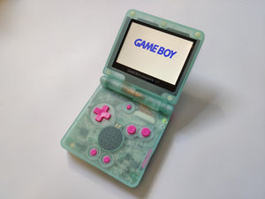 GBA SP IPS V2 Screen Clear Glow in the Dark Green & Pink Buttons Modded with 10 level brightness adjustment