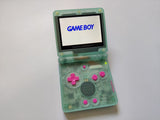 GBA SP IPS V2 Screen Clear Glow in the Dark Green & Pink Buttons Modded with 10 level brightness adjustment